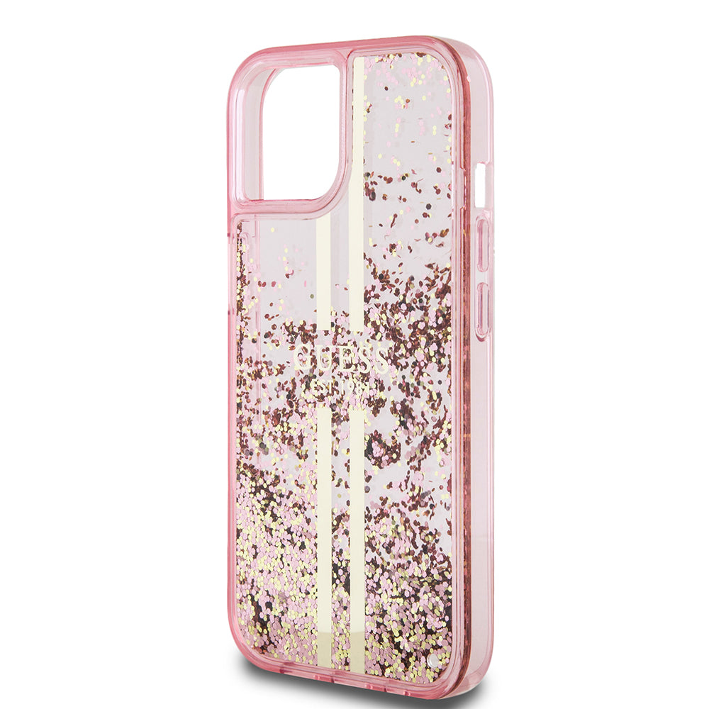 Etui til Apple iPhone 15 Plus, Guess, Liquid Glitter Gold Stripes, Pink