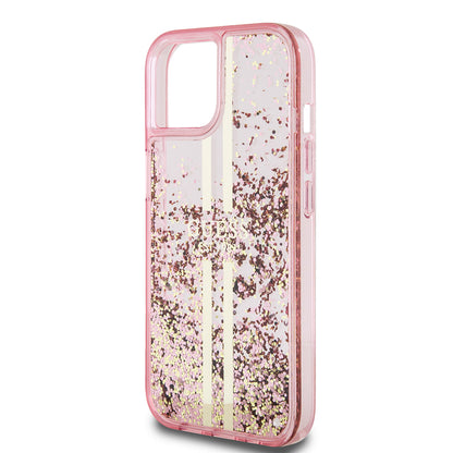 Etui til Apple iPhone 15 Plus, Guess, Liquid Glitter Gold Stripes, Pink