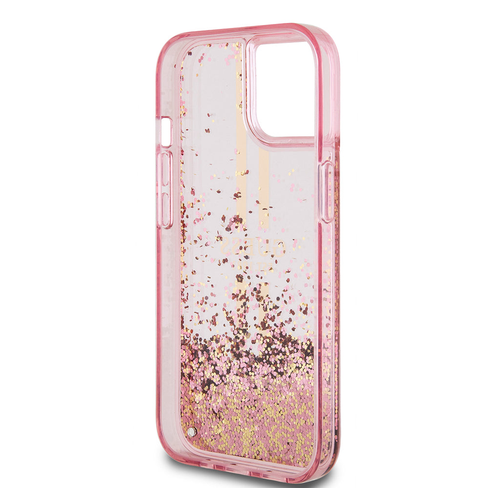 Etui til Apple iPhone 15 Plus, Guess, Liquid Glitter Gold Stripes, Pink