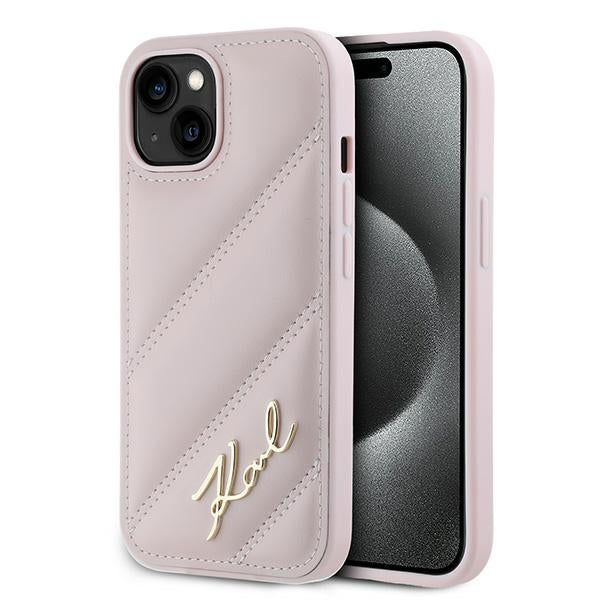 Etui til Apple iPhone 15 Plus, Karl Lagerfeld, Diagonal Quilted Script, Pink