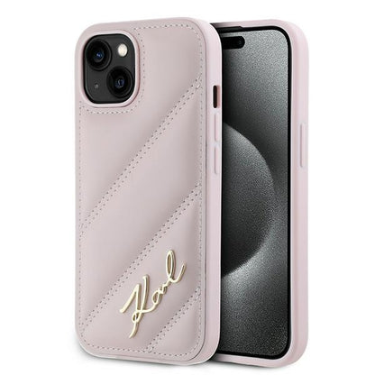 Etui til Apple iPhone 15 Plus, Karl Lagerfeld, Diagonal Quilted Script, Pink