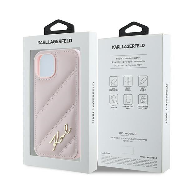 Etui til Apple iPhone 15 Plus, Karl Lagerfeld, Diagonal Quilted Script, Pink