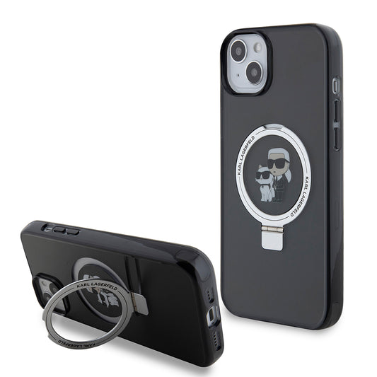 Etui til Apple iPhone 15 Plus, Karl Lagerfeld, Ringstand Karl & Choupette, Sort