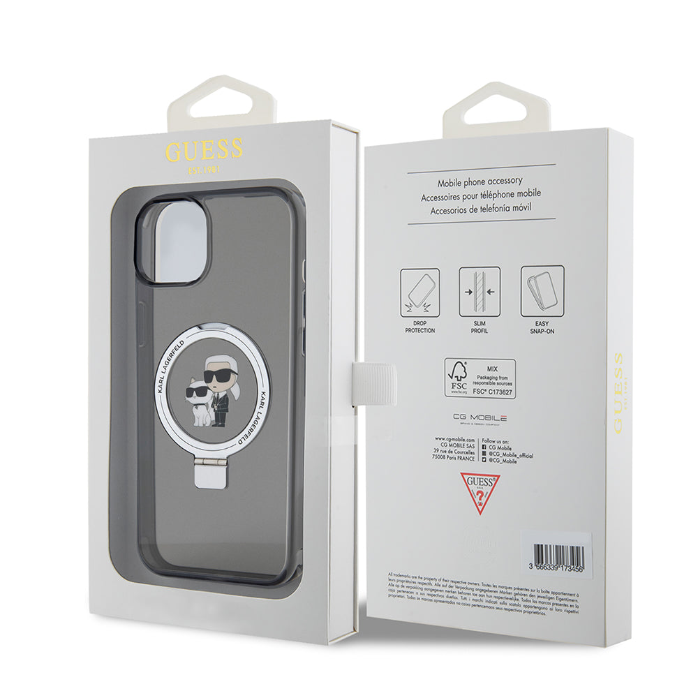 Etui til Apple iPhone 15 Plus, Karl Lagerfeld, Ringstand Karl & Choupette, Sort