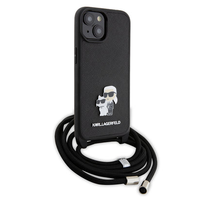 Etui til Apple iPhone 15 Plus, Karl Lagerfeld, Saffiano Crossbody Metal Pin Karl & Choupette, Sort