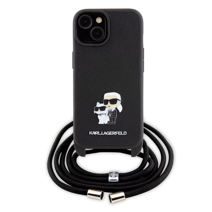 Etui til Apple iPhone 15 Plus, Karl Lagerfeld, Saffiano Crossbody Metal Pin Karl & Choupette, Sort