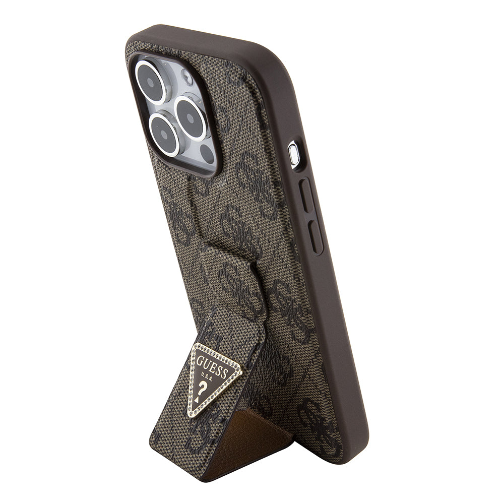 Etui til Apple iPhone 15 Pro, Guess, Grip Stand 4G Triangle Strass, Brun