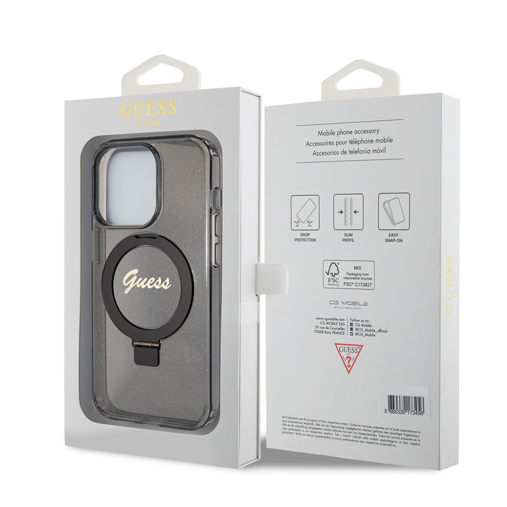 MagSafe cover til Apple iPhone 15 Pro, Guess, IML Ring Stand Glitter, Sort