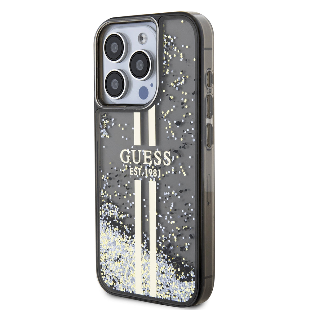 Etui til Apple iPhone 15 Pro, Guess, Liquid Glitter Gold Stripe, Sort