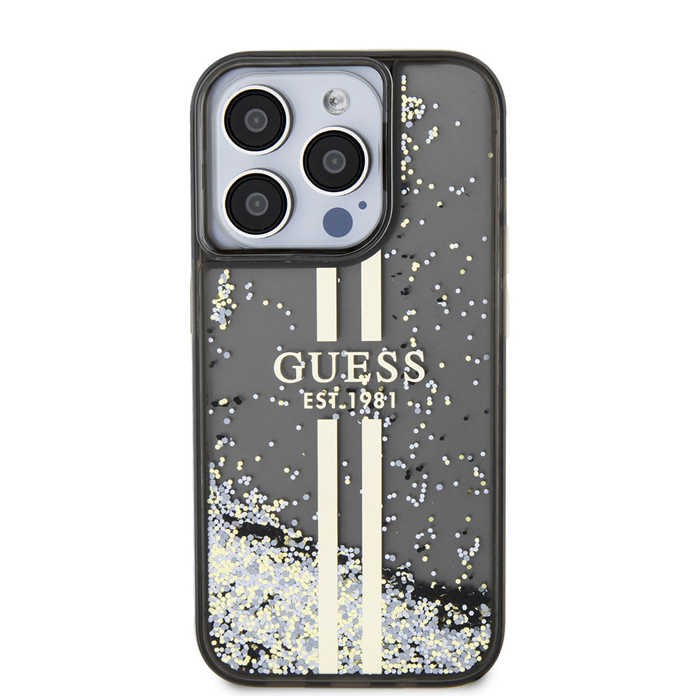 Etui til Apple iPhone 15 Pro, Guess, Liquid Glitter Gold Stripe, Sort