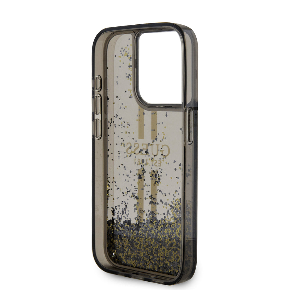 Etui til Apple iPhone 15 Pro, Guess, Liquid Glitter Gold Stripe, Sort
