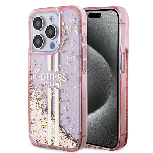 Etui til Apple iPhone 15 Pro, Guess, Liquid Glitter Gold Stripes, Pink