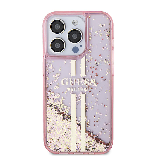 Etui til Apple iPhone 15 Pro, Guess, Liquid Glitter Gold Stripes, Pink