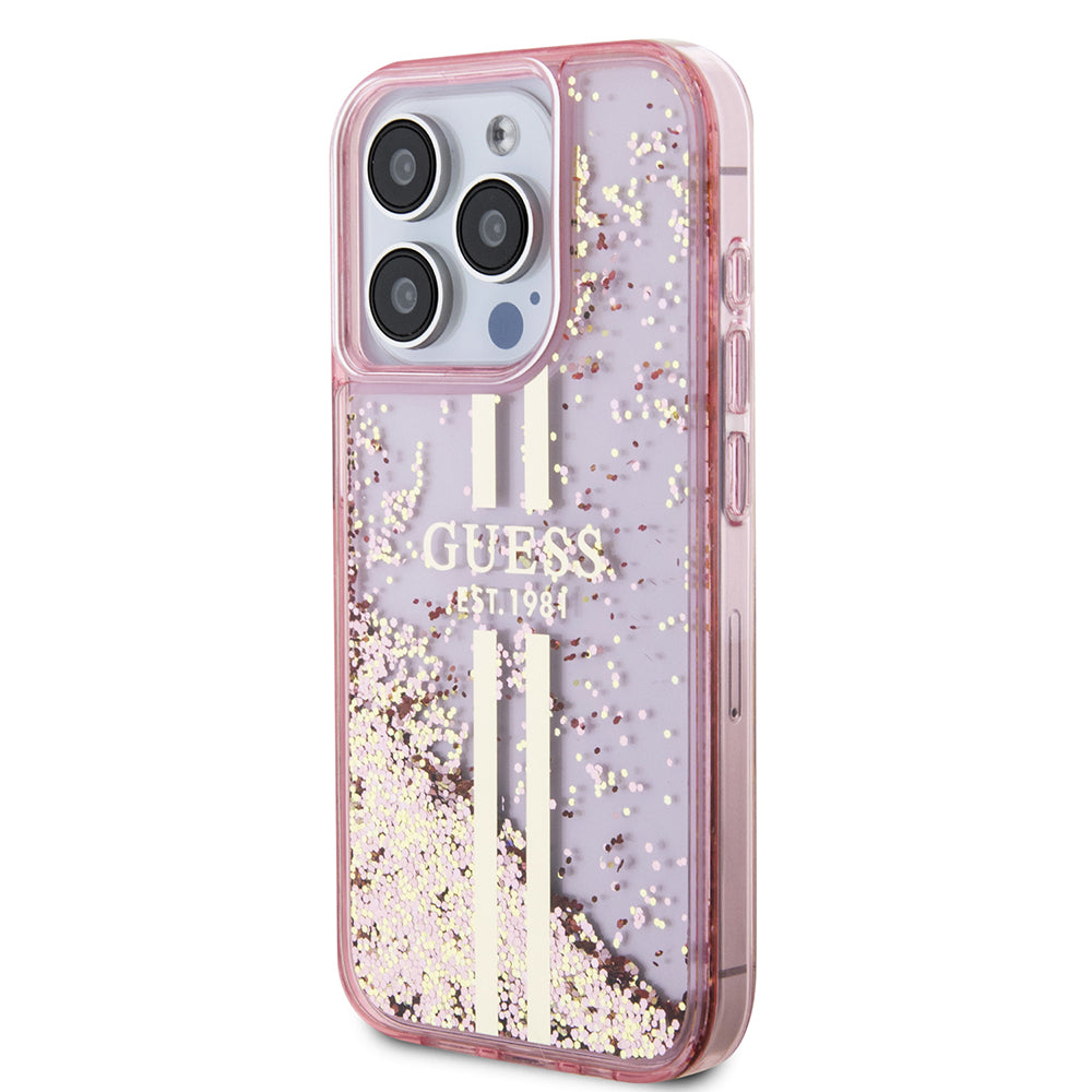 Case for Apple iPhone 15 Pro, Guess, Liquid Glitter Gold Stripes, Pink