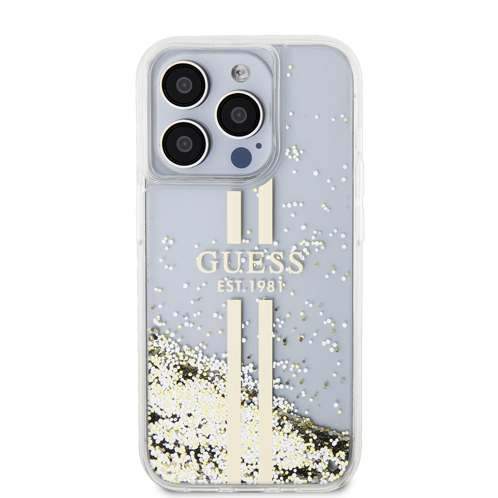 Etui til Apple iPhone 15 Pro, Guess, Liquid Glitter Gold Stripes, Gennemsigtig