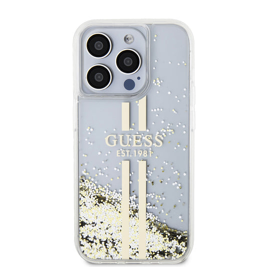 Etui til Apple iPhone 15 Pro, Guess, Liquid Glitter Gold Stripes, Gennemsigtig