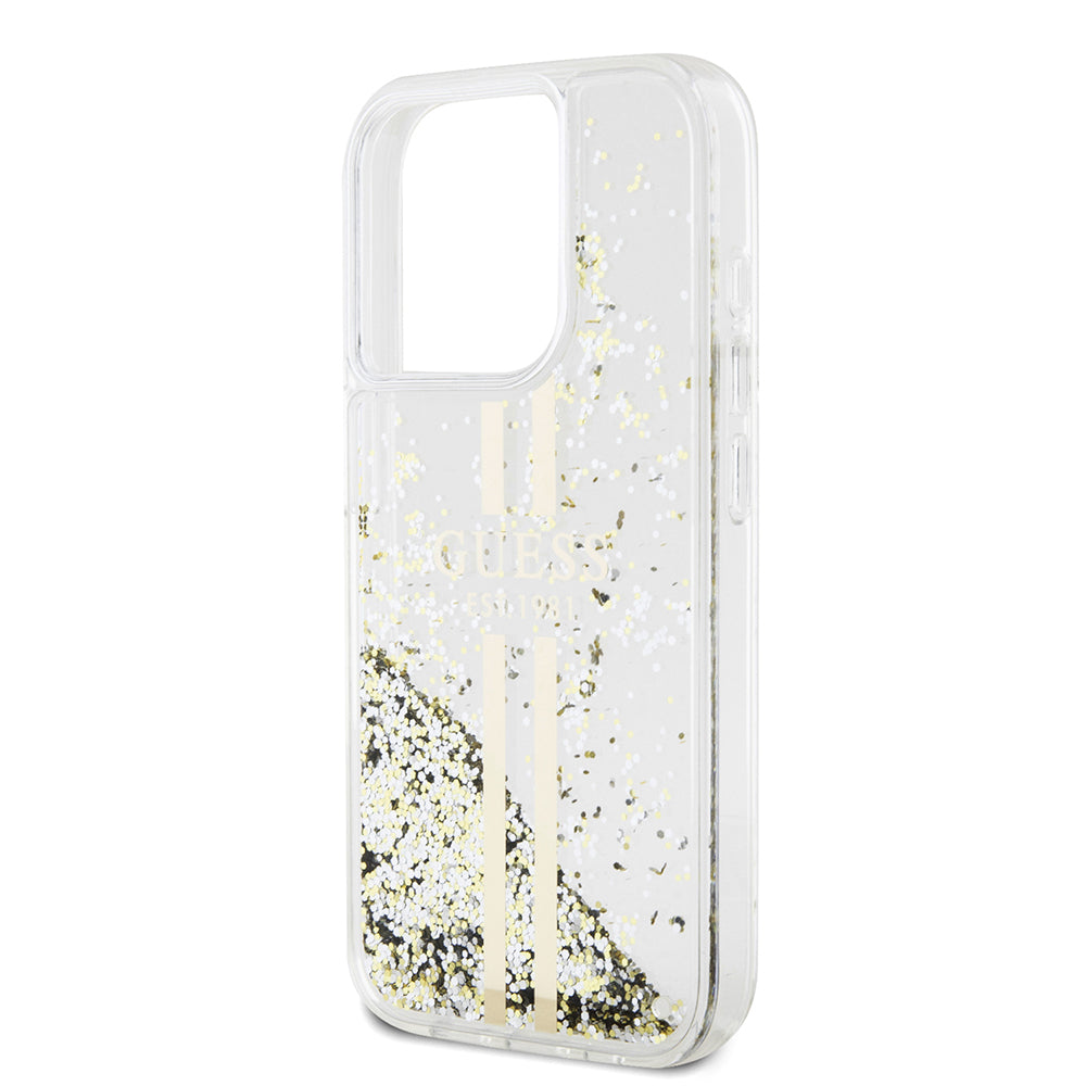 Etui til Apple iPhone 15 Pro, Guess, Liquid Glitter Gold Stripes, Gennemsigtig