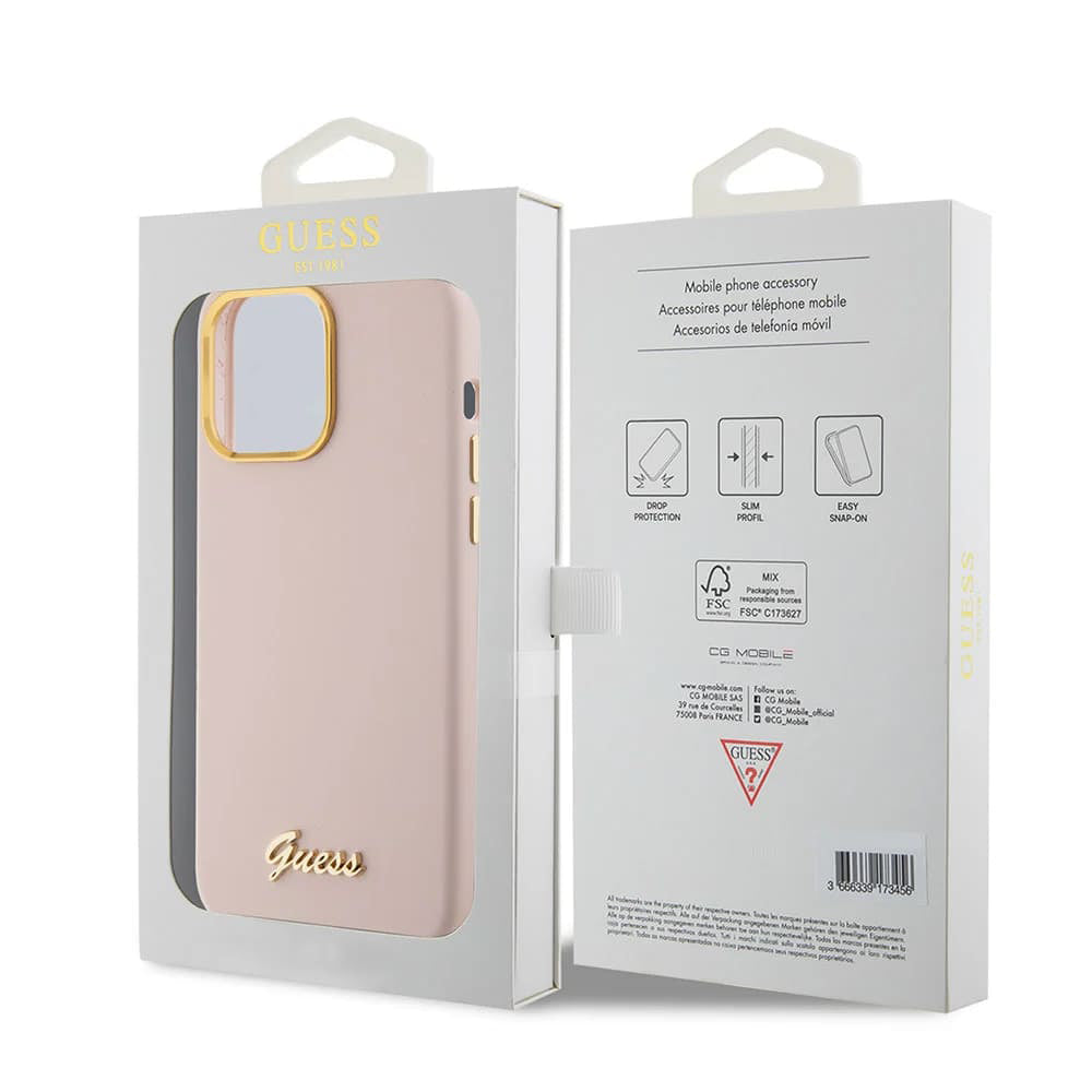 Case for Apple iPhone 15 Pro, Guess, Script Metal Logo & Frame, Light Pink