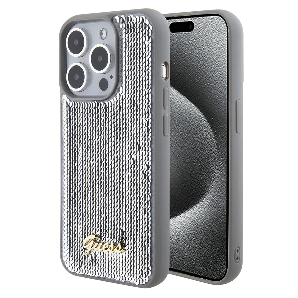 Etui til Apple iPhone 15 Pro, Guess, Sequin Script Metal, Sølvfarvet