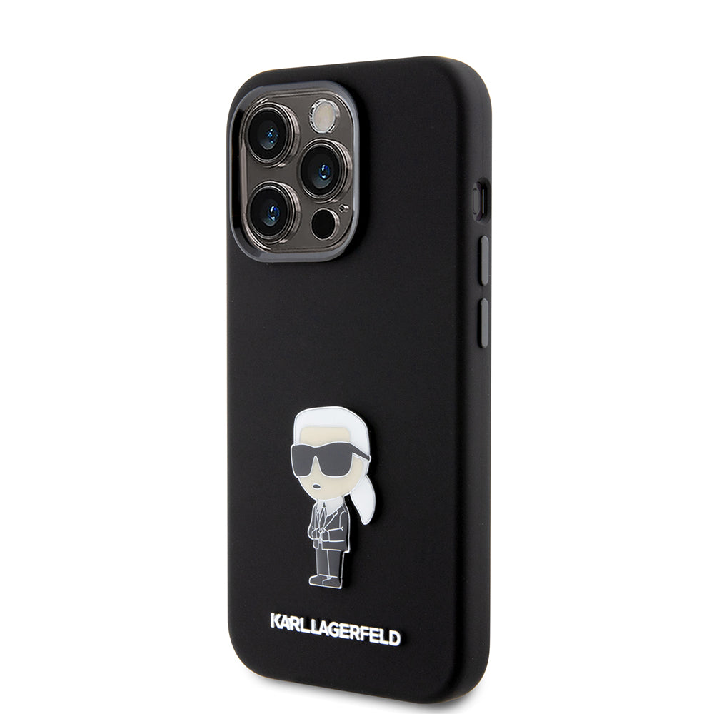 Etui til Apple iPhone 15 Pro, Karl Lagerfeld, Silicone Metal Ikonik, Sort
