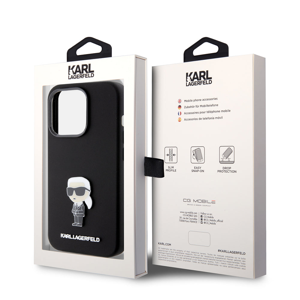 Etui til Apple iPhone 15 Pro, Karl Lagerfeld, Silicone Metal Ikonik, Sort