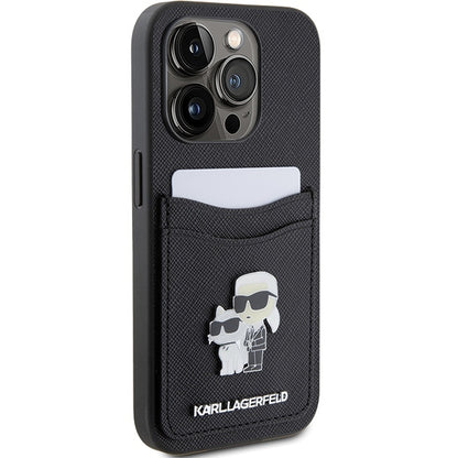 Etui til Apple iPhone 15 Pro, Karl Lagerfeld, Saffiano Card Slot Metal Karl & Choupette, Sort