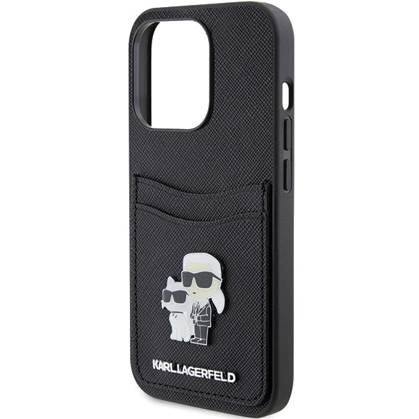 Etui til Apple iPhone 15 Pro, Karl Lagerfeld, Saffiano Card Slot Metal Karl & Choupette, Sort