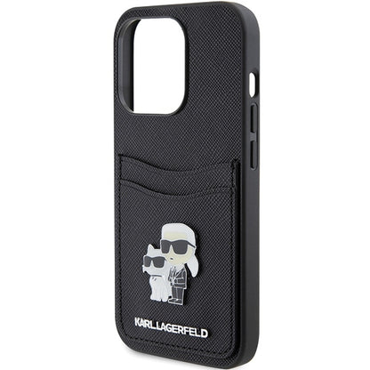 Etui til Apple iPhone 15 Pro, Karl Lagerfeld, Saffiano Card Slot Metal Karl & Choupette, Sort
