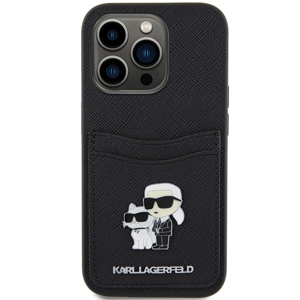 Etui til Apple iPhone 15 Pro, Karl Lagerfeld, Saffiano Card Slot Metal Karl & Choupette, Sort