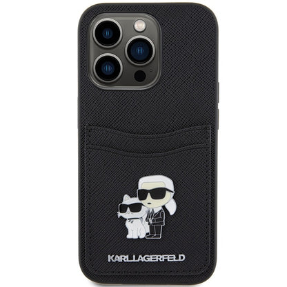 Etui til Apple iPhone 15 Pro, Karl Lagerfeld, Saffiano Card Slot Metal Karl & Choupette, Sort