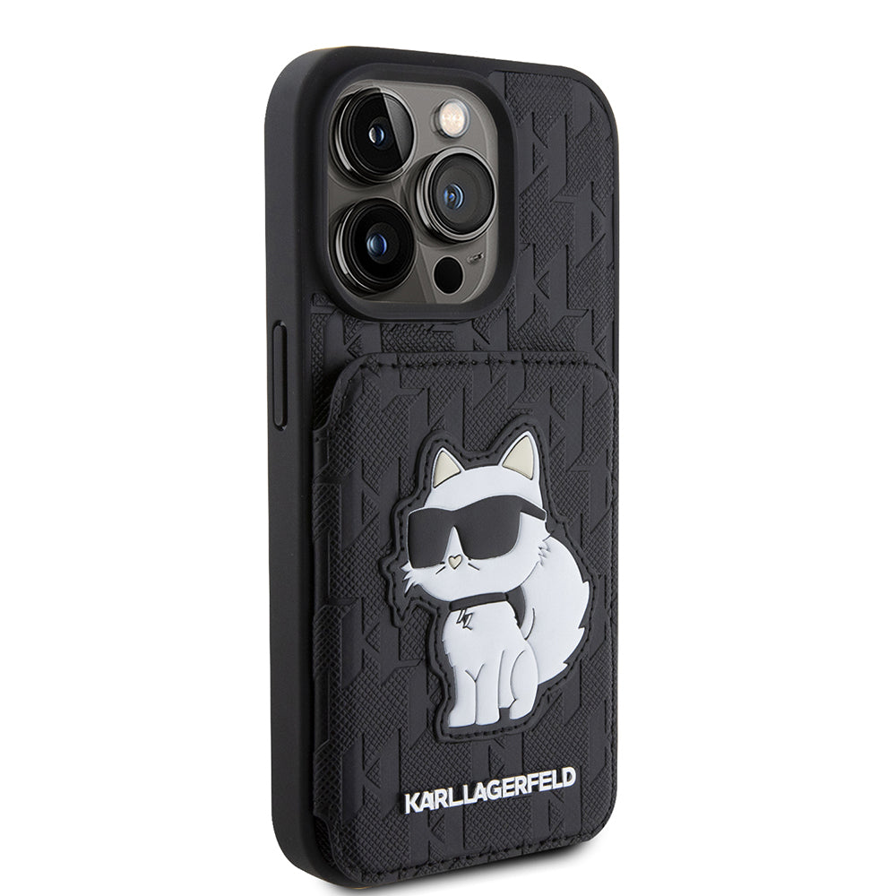 Etui til Apple iPhone 15 Pro, Karl Lagerfeld, Saffiano Cardslots and Stand Monogram Choupette, Sort