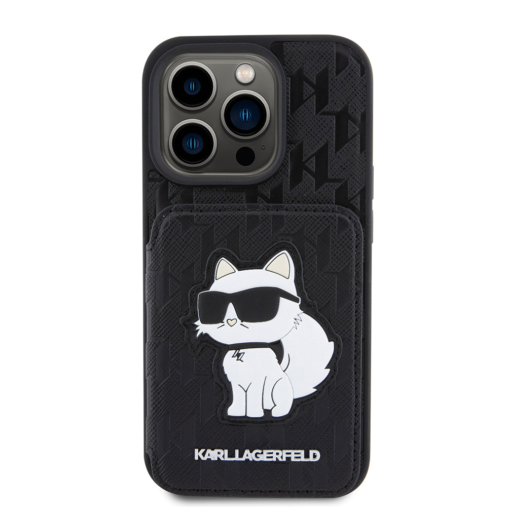 Etui til Apple iPhone 15 Pro, Karl Lagerfeld, Saffiano Cardslots and Stand Monogram Choupette, Sort