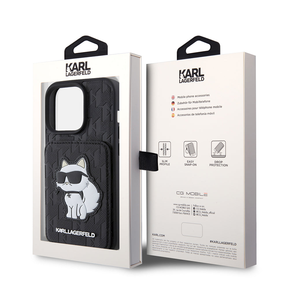 Etui til Apple iPhone 15 Pro, Karl Lagerfeld, Saffiano Cardslots and Stand Monogram Choupette, Sort