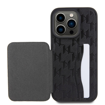 Etui til Apple iPhone 15 Pro, Karl Lagerfeld, Saffiano Cardslots and Stand Monogram Ikonik Karl, Sort