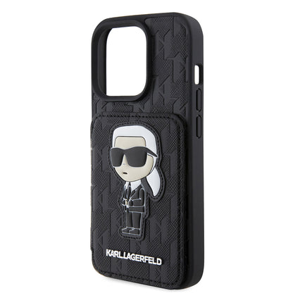 Etui til Apple iPhone 15 Pro, Karl Lagerfeld, Saffiano Cardslots and Stand Monogram Ikonik Karl, Sort