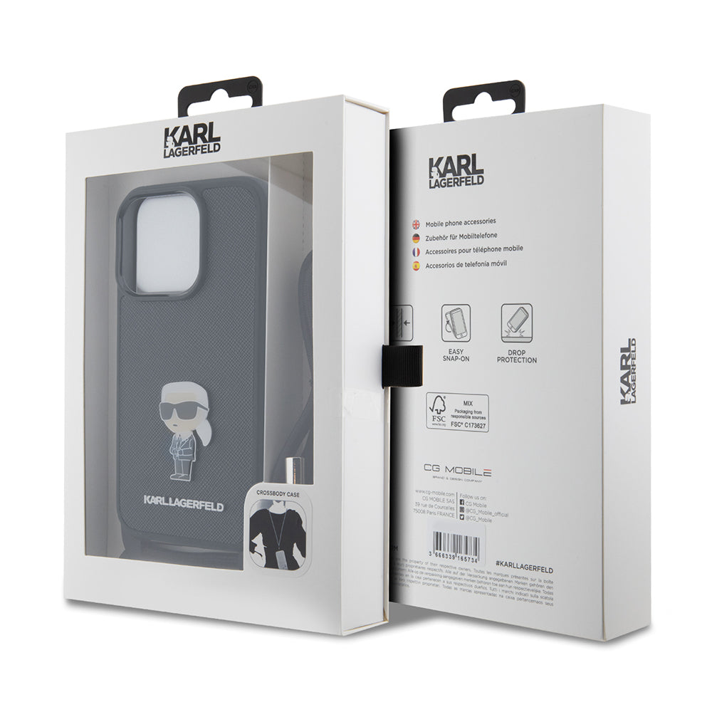 Etui til Apple iPhone 15 Pro, Karl Lagerfeld, Saffiano Crossbody Monogram Metal Pin Karl, Sort