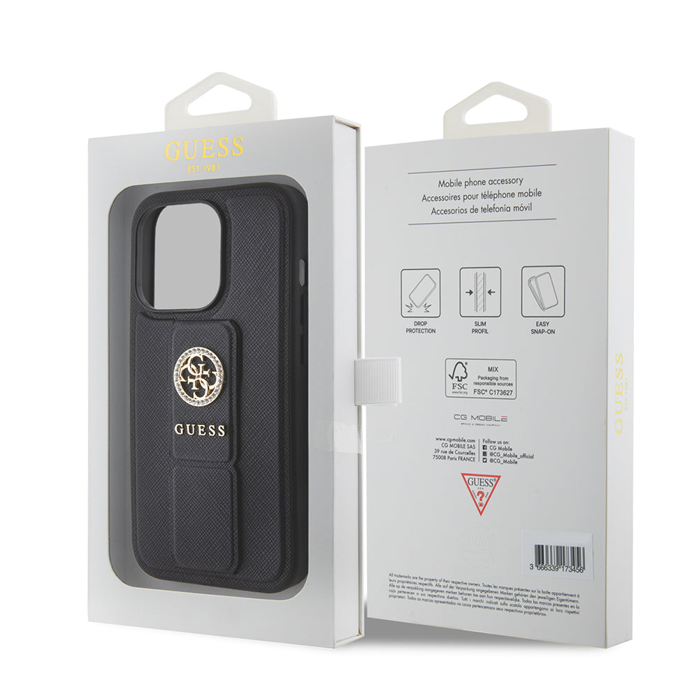 Etui til Apple iPhone 15 Pro Max, Guess, Grip Stand 4G Saffiano Strass, Sort