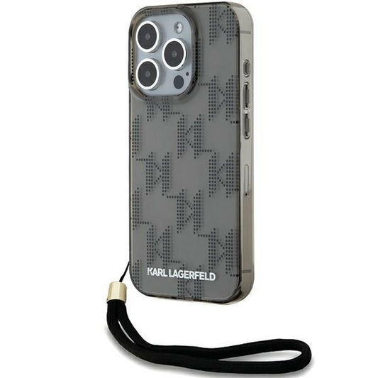 Case for Apple iPhone 15 Pro Max, Karl Lagerfeld, IML Luxury Monogram KL Pattern with Strap, Black