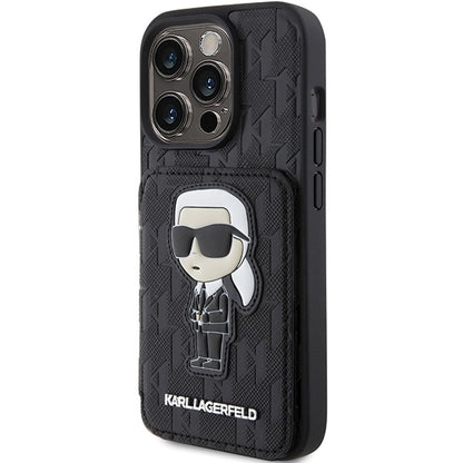 Case for Apple iPhone 15 Pro Max, Karl Lagerfeld, Saffiano Cardslots and Stand Monogram Ikonik Karl, Black