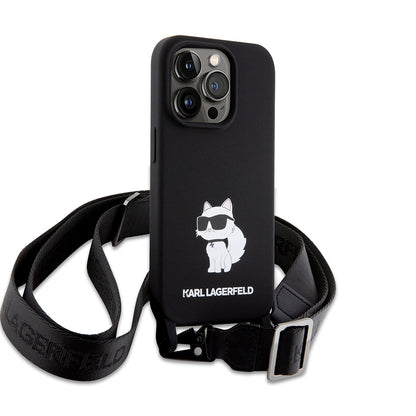 Etui til Apple iPhone 15 Pro Max, Karl Lagerfeld, Silicone Crossbody Ikonik Karl, Sort