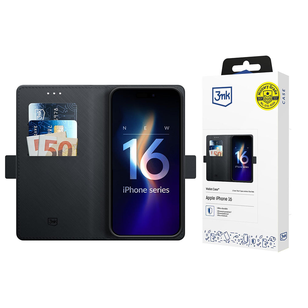 Cover til Apple iPhone 16, 3MK, Wallet, Sort