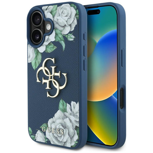 Etui til Apple iPhone 16, Guess, 4G Grained Roses Big Logo, Blå