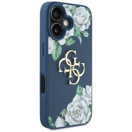 Etui til Apple iPhone 16, Guess, 4G Grained Roses Big Logo, Blå