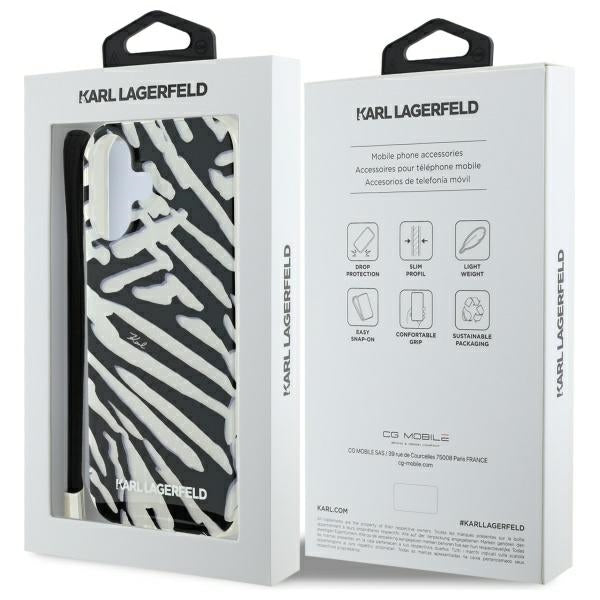 Etui til Apple iPhone 16, Karl Lagerfeld, IML Luxury Zebra Mønster med Strop, Sort