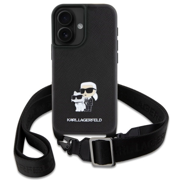 Etui til Apple iPhone 16, Karl Lagerfeld, Saffiano Crossbody Metal Pin Karl & Choupette, Hvid