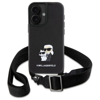 Etui til Apple iPhone 16, Karl Lagerfeld, Saffiano Crossbody Metal Pin Karl & Choupette, Hvid