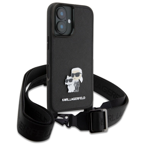 Etui til Apple iPhone 16, Karl Lagerfeld, Saffiano Crossbody Metal Pin Karl & Choupette, Hvid