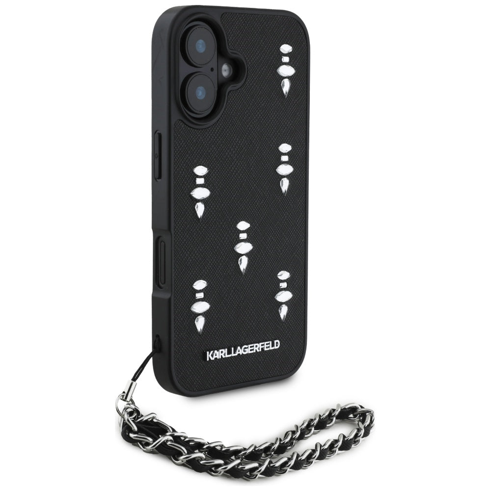 Etui til Apple iPhone 16, Karl Lagerfeld, Saffiano Crystals & Charm, Sort