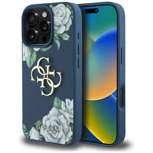 Etui til Apple iPhone 16 Pro, Guess, 4G Grained Roses Big Logo, Blå