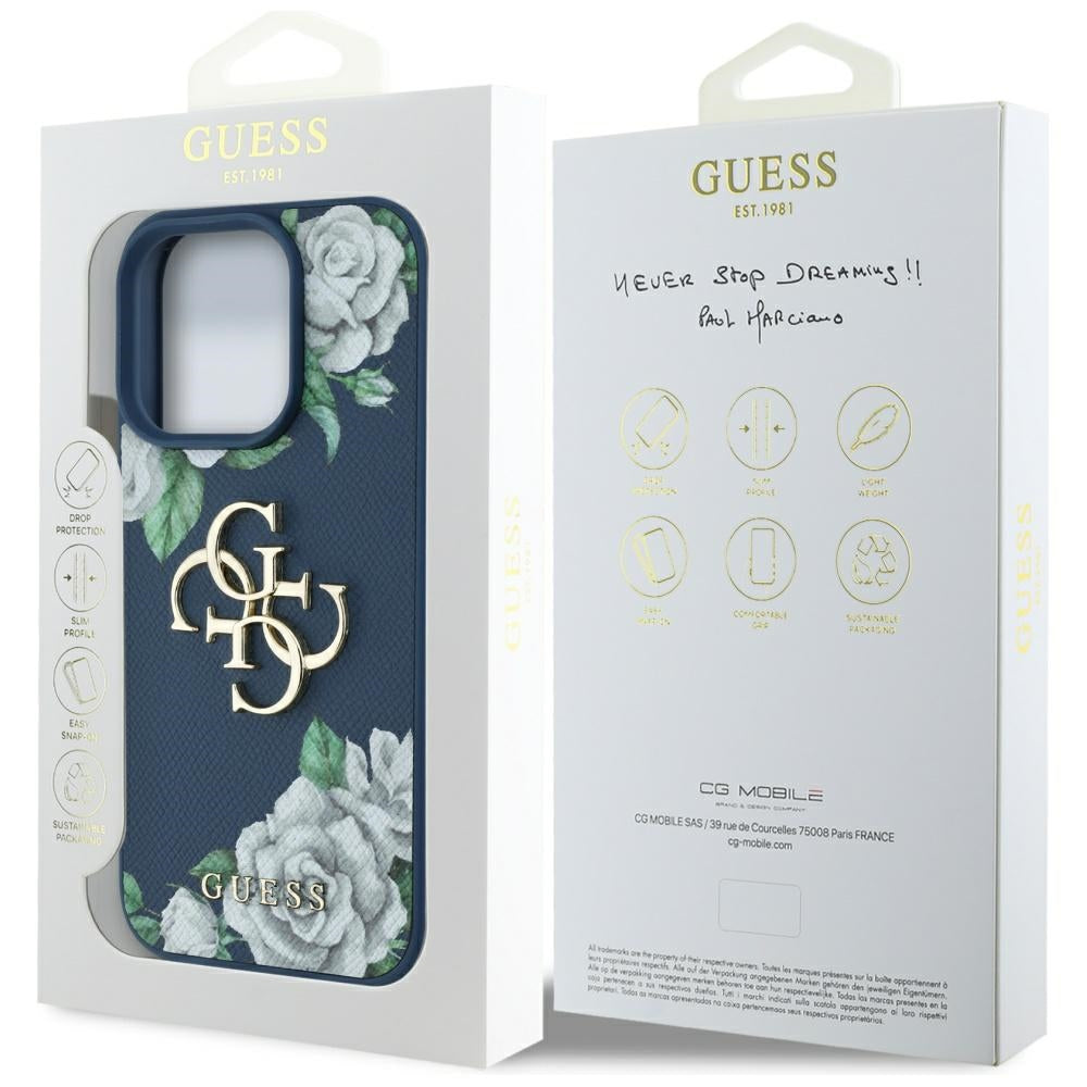 Case for Apple iPhone 16 Pro, Guess, 4G Grained Roses Big Logo, Blue